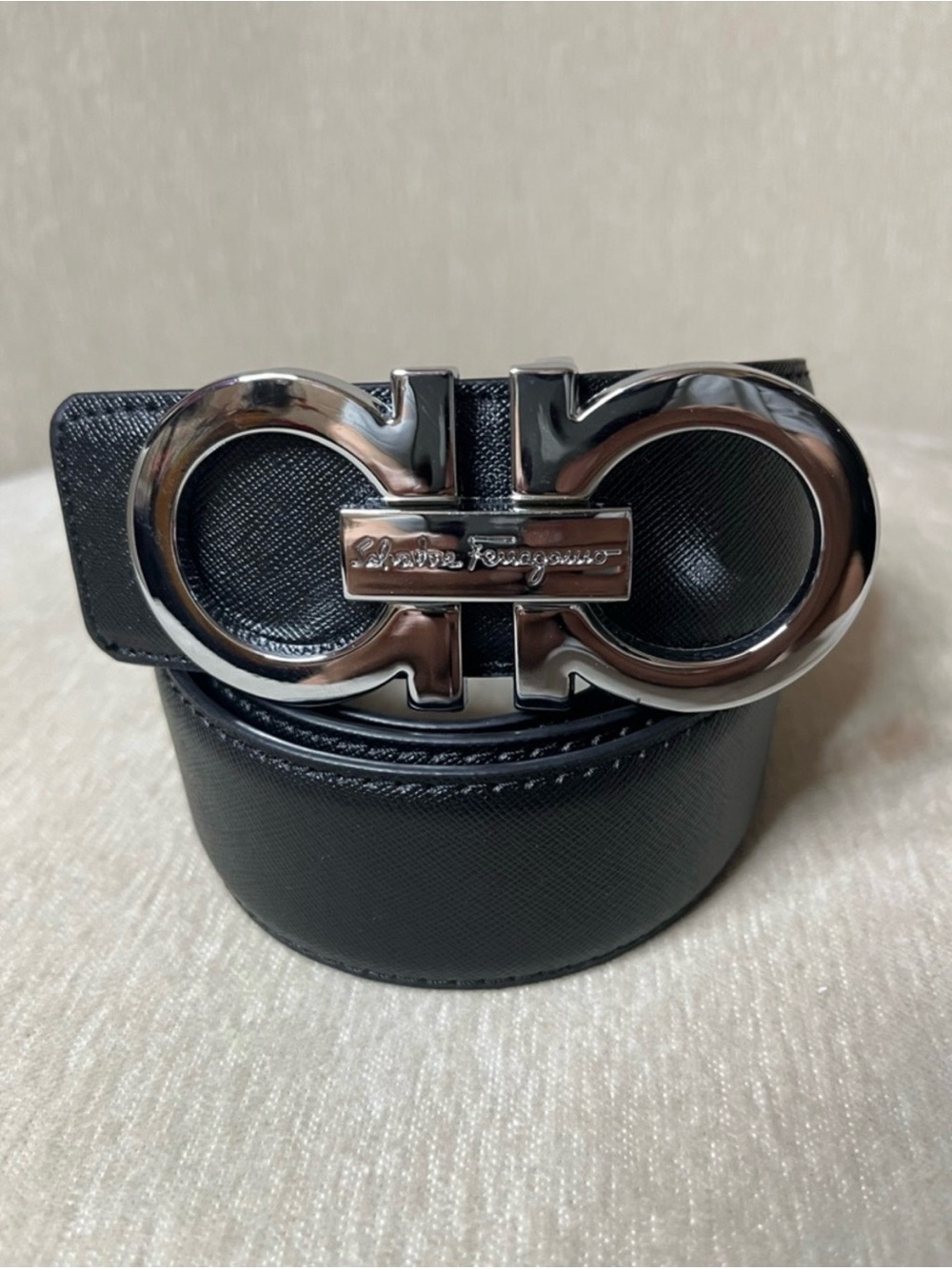 Salvatore Ferragamo Black Leather Belt with Silver Gancini Buckle